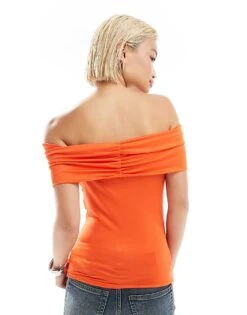 Monki Off The Shoulder Bardot Curpo Jersey Top In Bright Orange For Women -Monki Shop 206699083 3