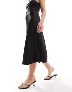Monki Midi Satin Skirt In Black For Women