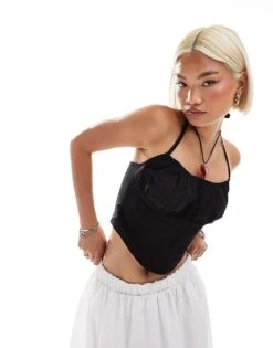 Monki Square Halter Neck Poplin Fitted Corset With Wide Shoulder Straps In Black For Women