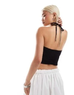 Monki Square Halter Neck Poplin Fitted Corset With Wide Shoulder Straps In Black For Women -Monki Shop 206749626 3