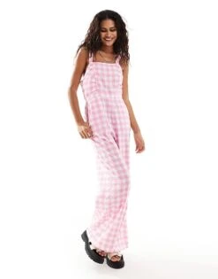 Monki Sqaure Neck Jumpsuit With Front Ruching In Pink Gingham For Women