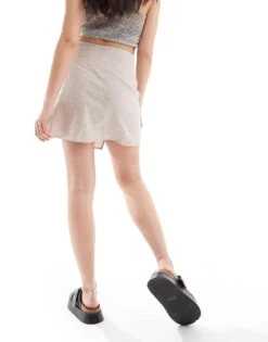 Monki Linen Wrap Tie Detail Mini Skirt In Beige For Women -Monki Shop 206786541 3