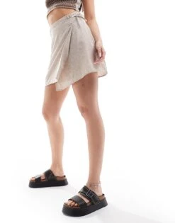 Monki Linen Wrap Tie Detail Mini Skirt In Beige For Women -Monki Shop 206786541 4
