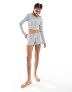 Monki Co-ord Cropped Button Up Cotton Cardigan And Jersey Shorts In Grey Melange