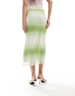 Monki Mesh Midi Skirt With Side Split In Green Ombre Stripe For Women Multi -Monki Shop 206788239 3