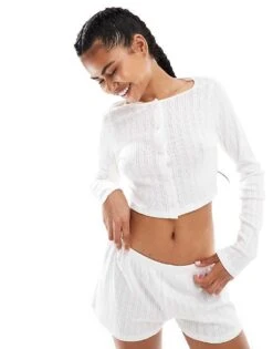 Monki Co-ord Cropped Button Up Cotton Cardigan And Pointelle Jersey Shorts In White -Monki Shop 206788282 1 white 1