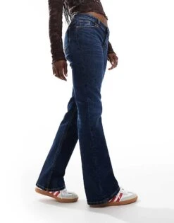 Monki Wakumi Low Waist Boot Cut Jeans In Dark Blue Wash For Women Darkwash Blue