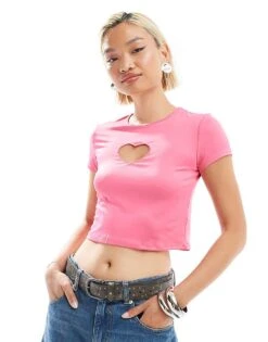 Monki Short Sleeve Cut Out Heart Mini Top In Pink For Women -Monki Shop 206788422 1 pink 1
