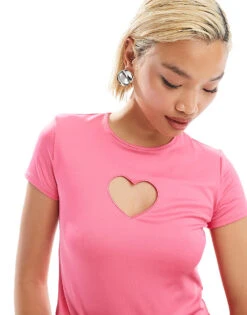 Monki Short Sleeve Cut Out Heart Mini Top In Pink For Women -Monki Shop 206788422 3