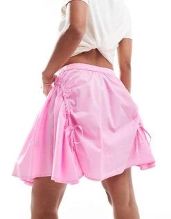 Monki Poplin Mini Skirt With Drawstring Ruched Detail In Pink For Women -Monki Shop 206788423 4
