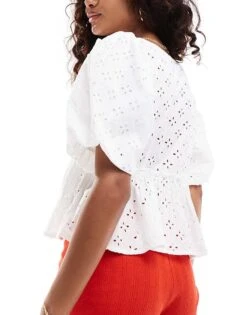 Monki Puff Short Sleeve Sqaure Neck Broderie Anglaise Top In White For Women -Monki Shop 206788432 2