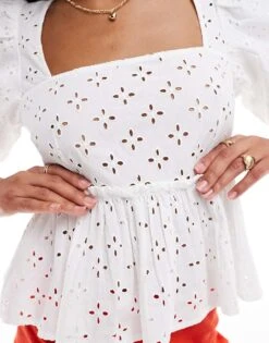 Monki Puff Short Sleeve Sqaure Neck Broderie Anglaise Top In White For Women -Monki Shop 206788432 4