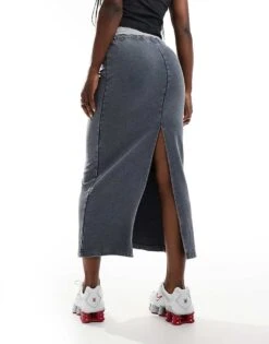 Monki Midi Jogger Skirt With Split And Drawstring Waist In Washed Charcoal Grey For Women -Monki Shop 206788514 2