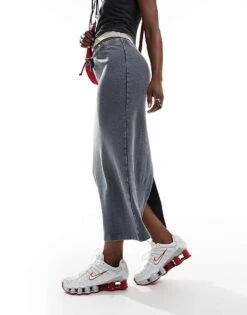 Monki Midi Jogger Skirt With Split And Drawstring Waist In Washed Charcoal Grey For Women -Monki Shop 206788514 3