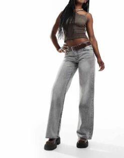 Monki Imoo Low Waisted Wide Fit Jeans In Concrete Washed Grey For Women -Monki Shop 206788515 2