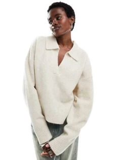 Monki Knitted Polo Jumper In Off-white For Women Off White
