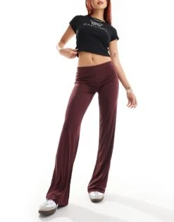 Monki Super Soft Low Waist Straight Leg Baggy Jersey Trousers In Burgundy For Women Burgundy Red