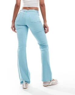 Monki Stretch Trousers With Flare Leg In Washed Blue For Women -Monki Shop 206788584 3