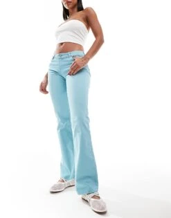 Monki Stretch Trousers With Flare Leg In Washed Blue For Women -Monki Shop 206788584 4