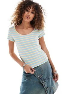 Monki Short Sleeve Fitted Top With Scoop Neck In Blue Pastel Multi Stripe For Women Blue Pastel Stripe -Monki Shop 206788589 1 bluepastelstripe 1