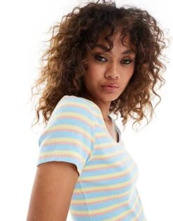 Monki Short Sleeve Fitted Top With Scoop Neck In Blue Pastel Multi Stripe For Women Blue Pastel Stripe -Monki Shop 206788589 3