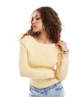 Monki Long Sleeve Rib Knit Boat Neck Top In Two Tone Yellow And White For Women -Monki Shop 206788650 1 yellow 1