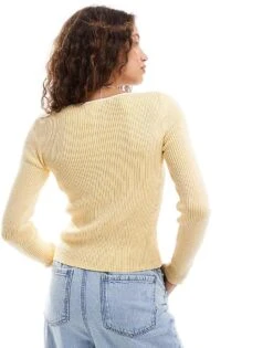 Monki Long Sleeve Rib Knit Boat Neck Top In Two Tone Yellow And White For Women -Monki Shop 206788650 3