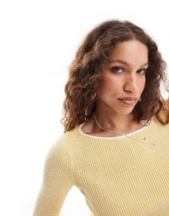 Monki Long Sleeve Rib Knit Boat Neck Top In Two Tone Yellow And White For Women -Monki Shop 206788650 4