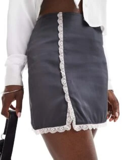 Monki Mini Satin Lace Skirt In Grey For Women -Monki Shop 206788665 3