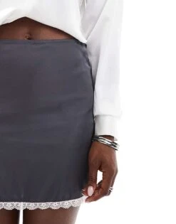 Monki Mini Satin Lace Skirt In Grey For Women -Monki Shop 206788665 5
