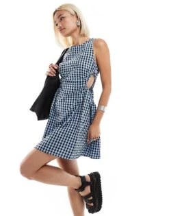 Monki Sleeveless Mini Seersucker Dress With Ruched Sides And Cut Out Detail In Dark Blue And Black Gingham Check For Women -Monki Shop 206788670 1 darkblue 1