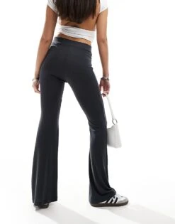 Monki Super Soft Low Waist Flare Jersey Trousers In Grey For Women -Monki Shop 206788680 5