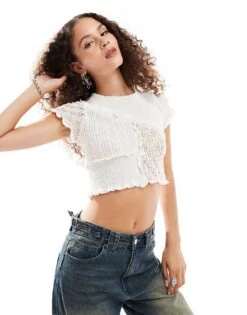 Monki Knitted Short Sleeve Crop Top With Frill Detail In Off White For Women