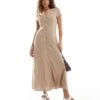 Monki Short Sleeve Button Front Midi Dress In Dark Beige For Women