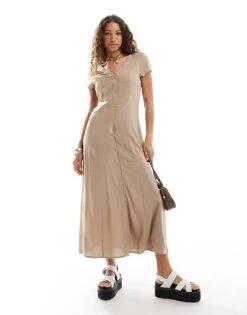 Monki Short Sleeve Button Front Midi Dress In Dark Beige For Women