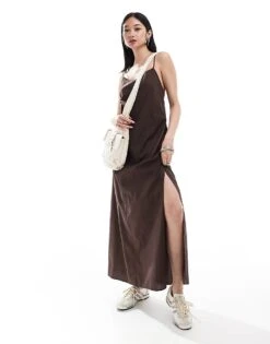 Monki Maxi Dress With Strappy Open Back And Split Leg In Dark Brown For Women -Monki Shop 206788765 1 darkbrown 1