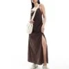Monki Maxi Dress With Strappy Open Back And Split Leg In Dark Brown For Women