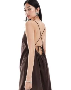Monki Maxi Dress With Strappy Open Back And Split Leg In Dark Brown For Women -Monki Shop 206788765 2