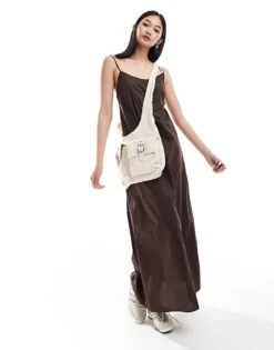 Monki Maxi Dress With Strappy Open Back And Split Leg In Dark Brown For Women -Monki Shop 206788765 3