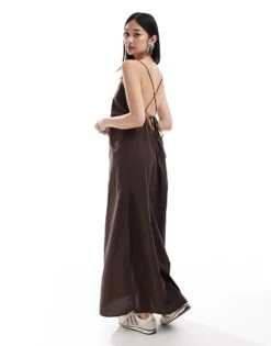 Monki Maxi Dress With Strappy Open Back And Split Leg In Dark Brown For Women -Monki Shop 206788765 4