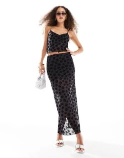 Monki Co-ord Double Layer Mesh Flock Velvet Cami Top And Maxi Skirt In Black -Monki Shop 206788766 1 black 1