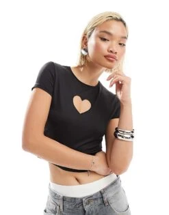 Monki Short Sleeve Cut Out Heart Mini Top In Black For Women -Monki Shop 206788784 1 black 1