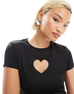 Monki Short Sleeve Cut Out Heart Mini Top In Black For Women -Monki Shop 206788784 3