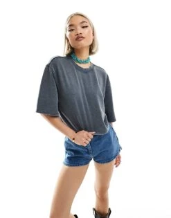 Monki Short Sleeve Relaxed Fit Cropped T-shirt In Grey Acid Wash For Women -Monki Shop 206788800 1 grey 1