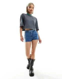 Monki Short Sleeve Relaxed Fit Cropped T-shirt In Grey Acid Wash For Women -Monki Shop 206788800 3