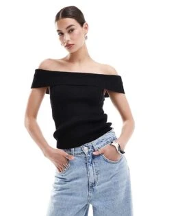 Monki Rib Knit Off Shoulder Foldover Top In Black For Women -Monki Shop 206788838 1 black 1