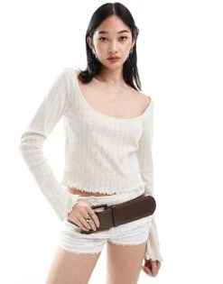 Monki Pointelle Long Sleeve Top With Open Neck In Beige For Women -Monki Shop 206788845 1 beige 1