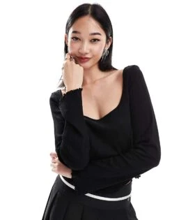 Monki Pointelle Long Sleeve Top With Open Neck In Black For Women -Monki Shop 206788878 1 black 1