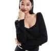 Monki Pointelle Long Sleeve Top With Open Neck In Black For Women -Monki Shop 206788878 1 black