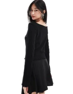 Monki Pointelle Long Sleeve Top With Open Neck In Black For Women -Monki Shop 206788878 2